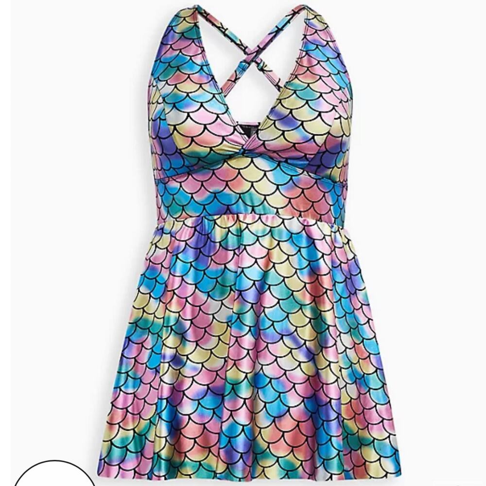 Torrid NWT Mid Length Swim Dress Mermaid Size 1X Metallic Shimmer Rainbow V-Neck - Picture 3 of 5